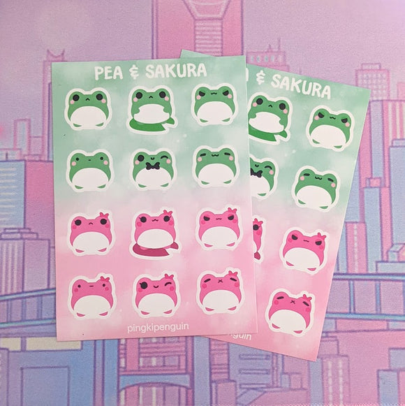 Cute Frog 'Pea & Sakura' Sticker Sheet A6