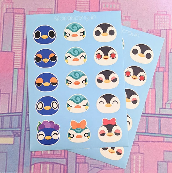 Cute Animal Crossing 'Penguin Faces' Sticker Sheet A6