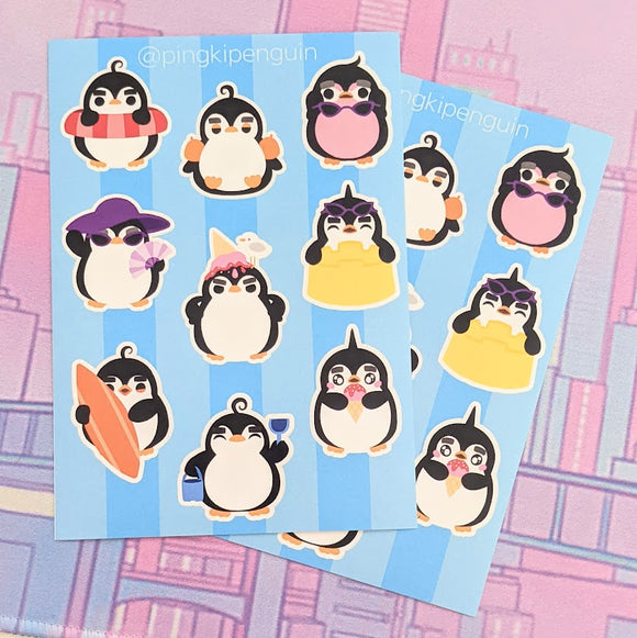 Cute 'Penguin Day at the Beach' Sticker Sheet A6