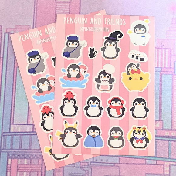Cute 'Penguin & Friends' Sticker Sheet A6